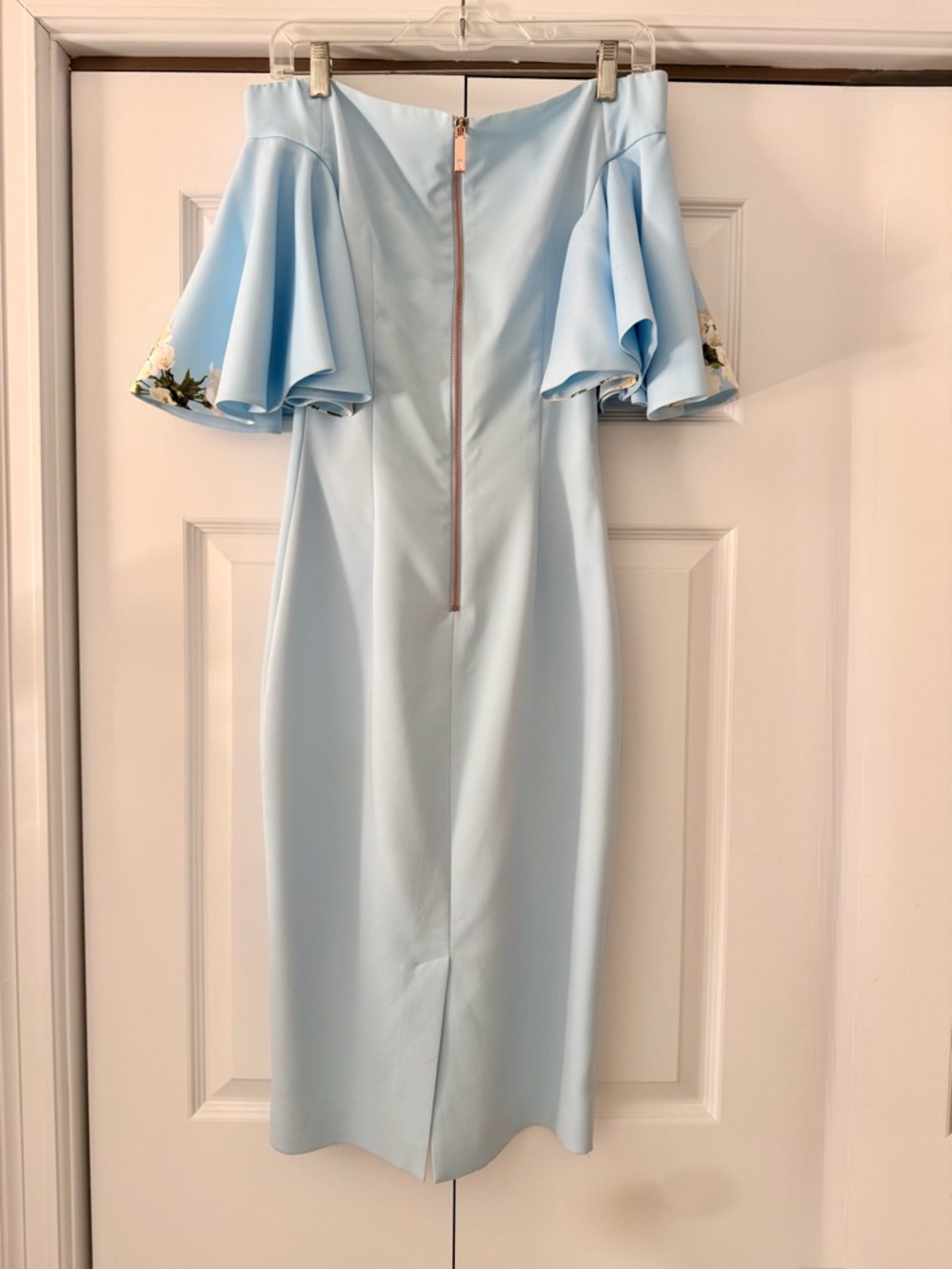 Ted Baker London Light Blue Floral Off-Shoulder Midi Dress with Pink Blossom - Picture 2 of 5